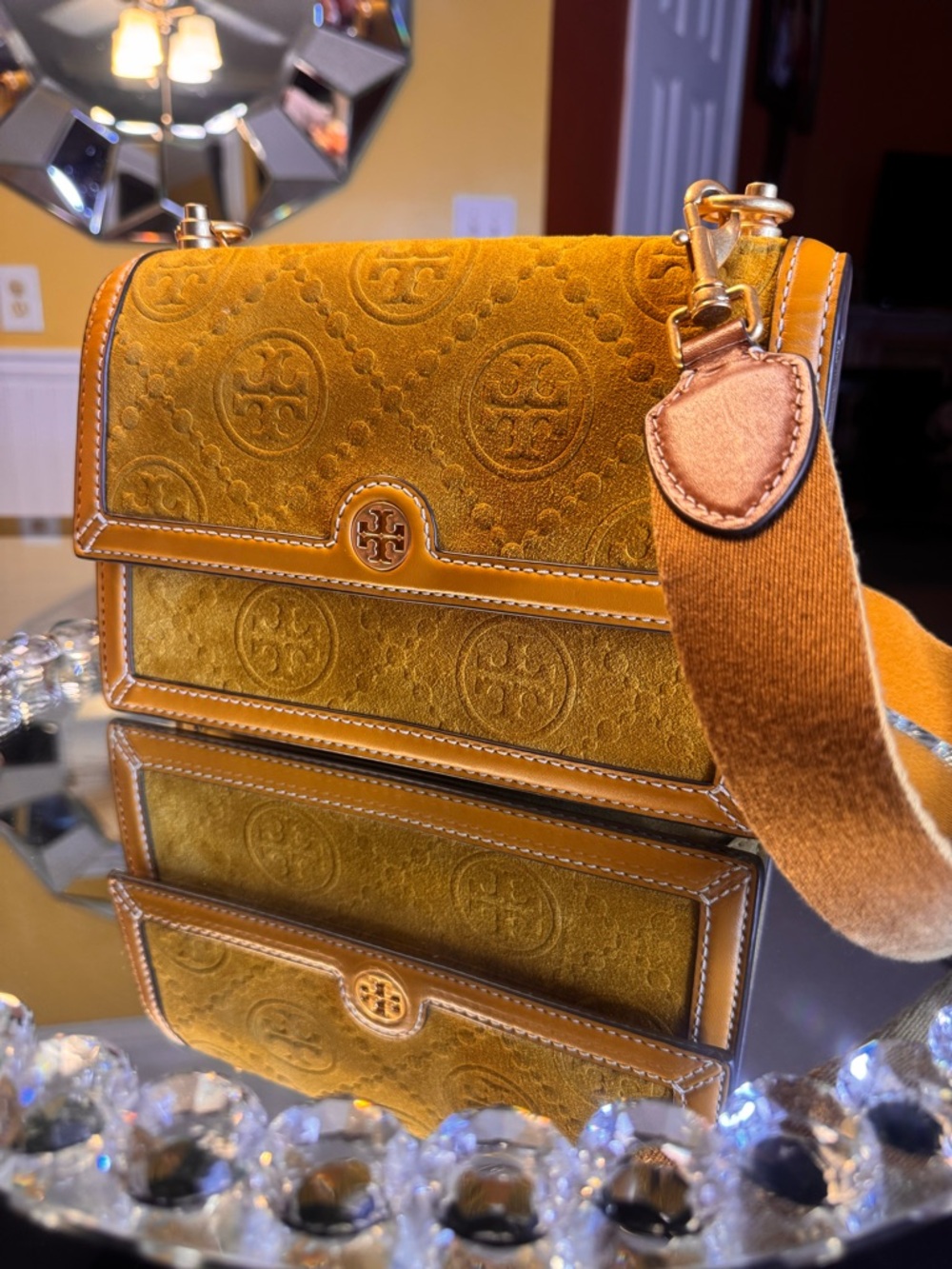 Tory Burch Small T Monogram Suede Embossed Shoulder Bag